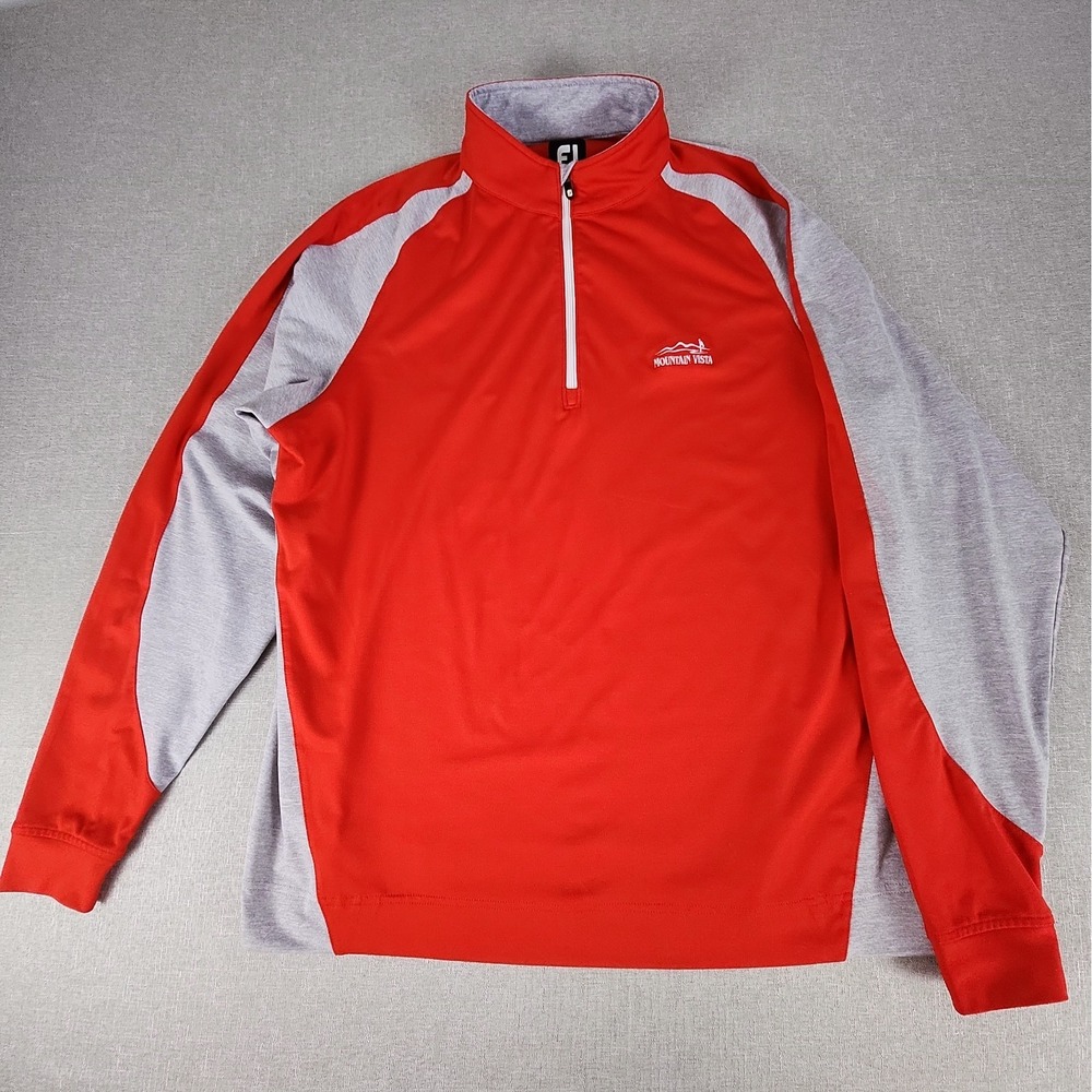 Footjoy 1/4 Zip Golf Pullover Mens Large Red Gray Nylon Spandex Long Sleeve EUC